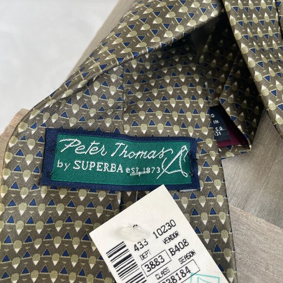 Peter Thomas By Superba 100% Silk Necktie Geometric Olive & Navy Mens Tie NWT - Picture 5 of 6